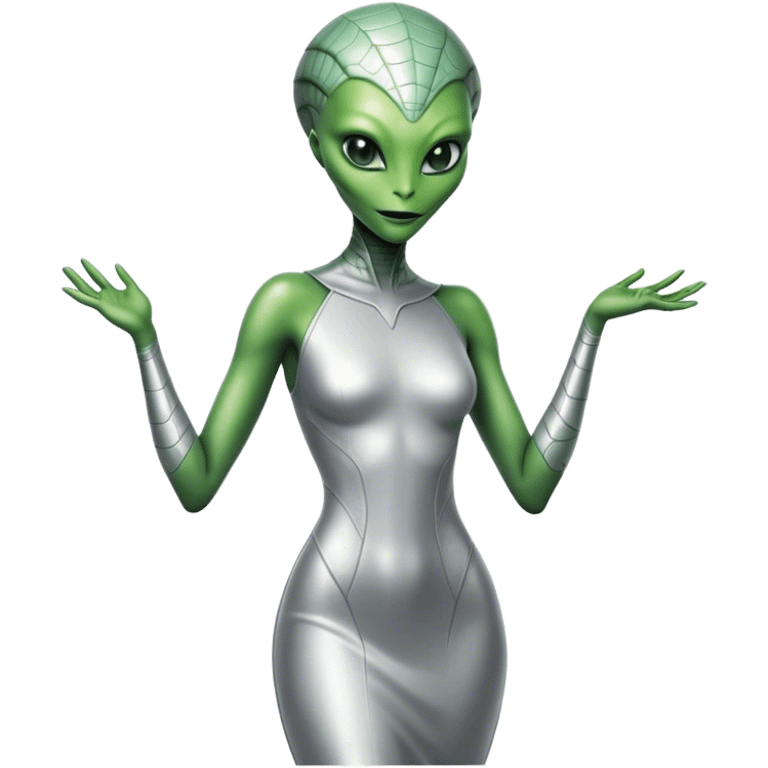 alien reptilian woman in silver dress, green eyes emoji