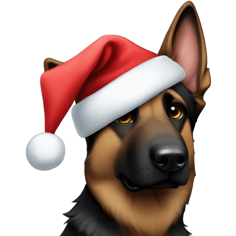 Dark brown German shepherd with Santa hat emoji