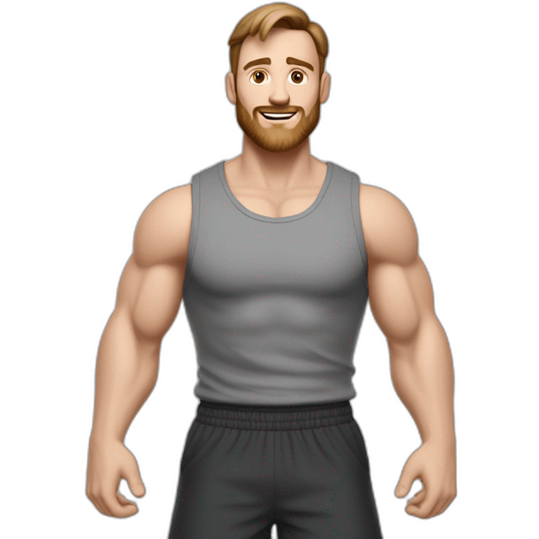 Full height realistic Actively gesturing with hands Pale skinned Fit Man With the biceps and brown hair in dark gray Sleeveless Mike, black oversize sports shorts, watch and white Sneakers emoji