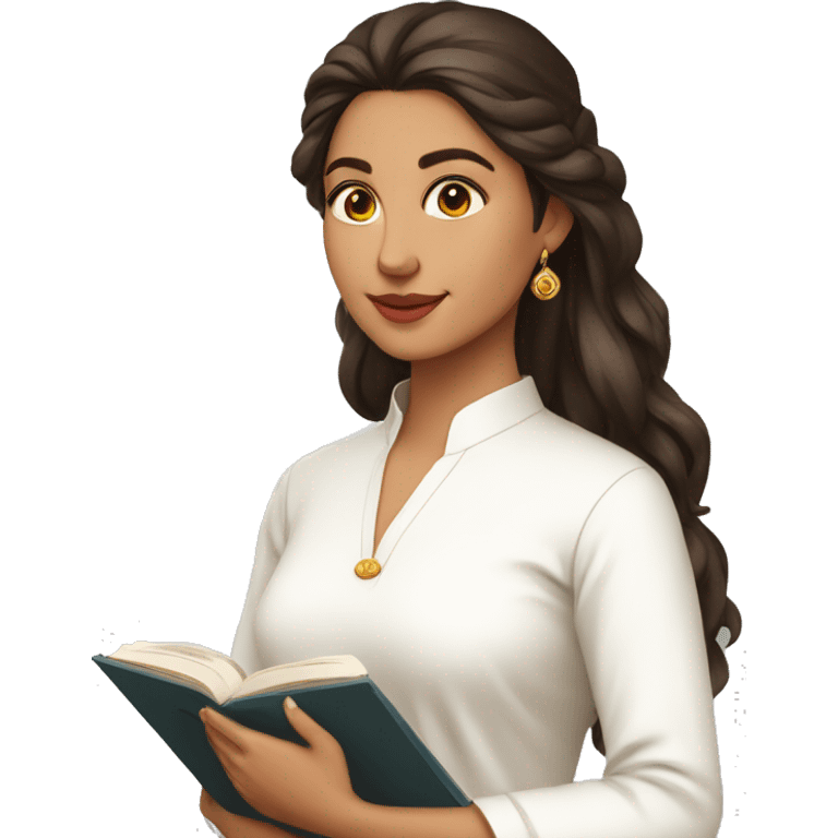 A modern women wearing  simple full white kurti and book in hand emoji