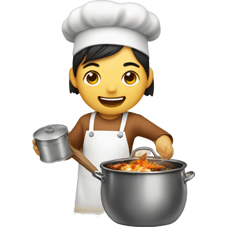 Asian with a cooking pot with a happy dog in it not being eaten emoji