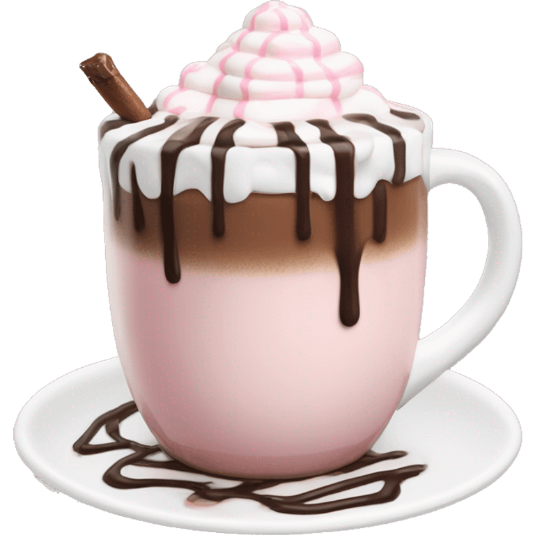 hot chocolate with mug and whip cream and chocolate drizzle and pale pink strawberry and marshmellows emoji