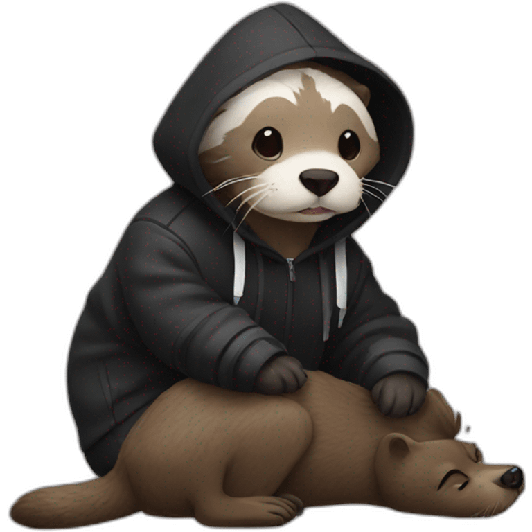 otter in black adidas hoodie with a dog emoji