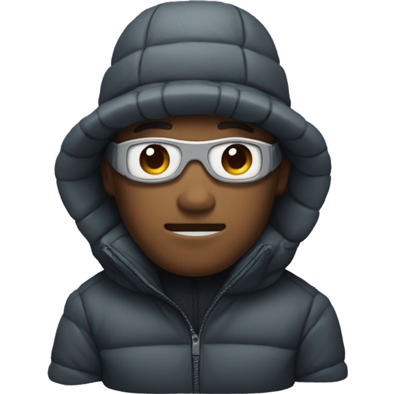 Guy wearing a puffer jacket,bucket hat, and a mask emoji