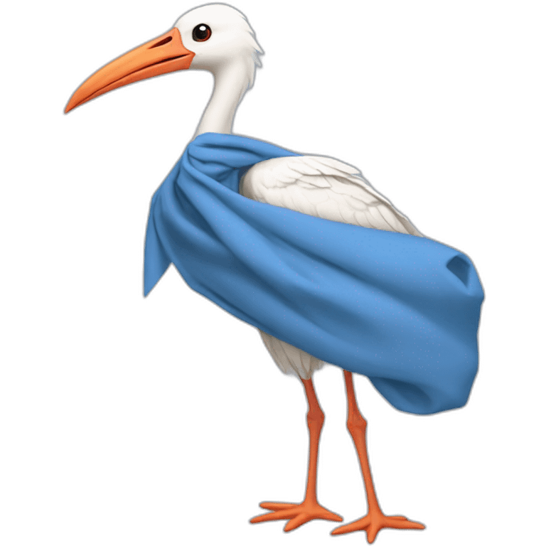 White stork carrying a blue bundle of cloth in its beak that has a human baby with dark hair and the baby head is peeking from the fabric bundle the strok is carrying with its beak emoji