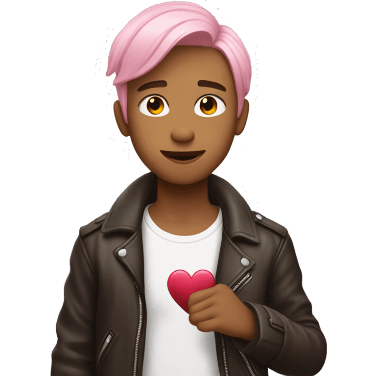 A young guy with shoulder-length pink hair wearing a white T-shirt and a brown leather jacket shows a heart with his fingers emoji