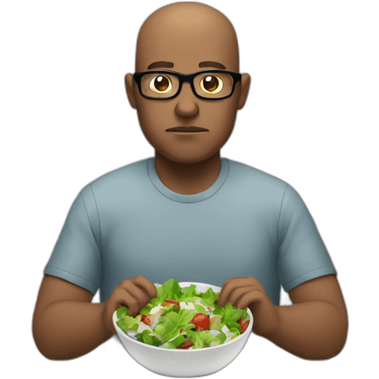 sad bald man with glasses eating 2 salads emoji