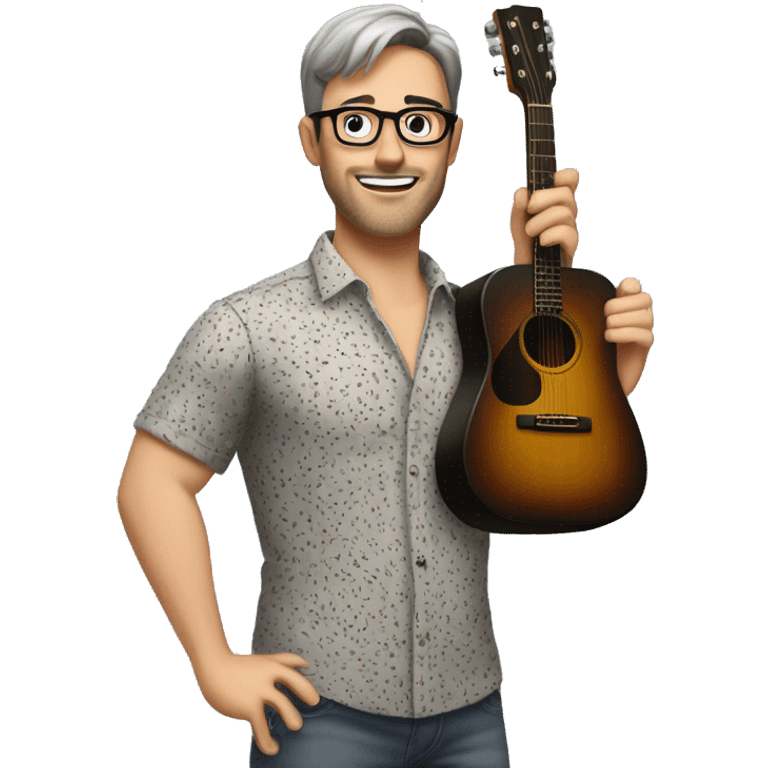 A male music teacher with short grey and brown hair, with very light stubble,  black rectangle glasses, wearing a short sleeve button up patterned shirt, muscular body type, holding a guitar emoji