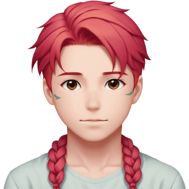 Gorgeous pastel red hair with a thin braid on the side anime style handsome sexy gojo guy with blushing face and flowers aesthetic trending style outside emoji