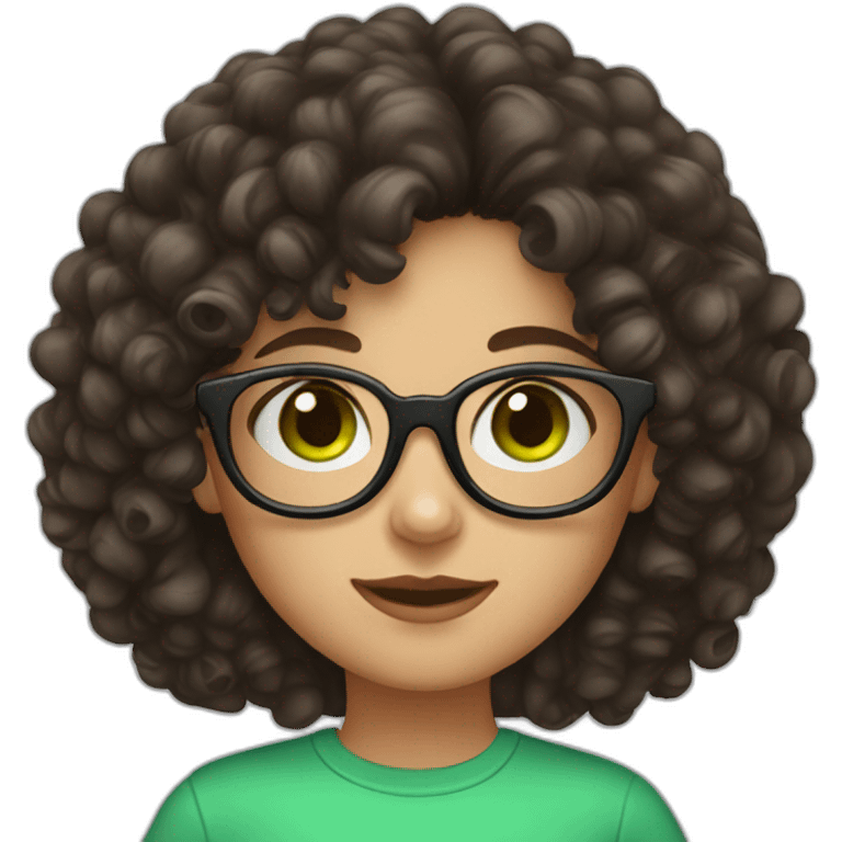 a young lady with dark brown curly hair and green eyes and round glasses emoji