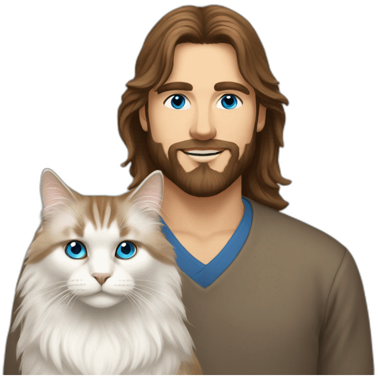 man with brown long hair, a beard and blue eyes holding a white Siberian cat emoji