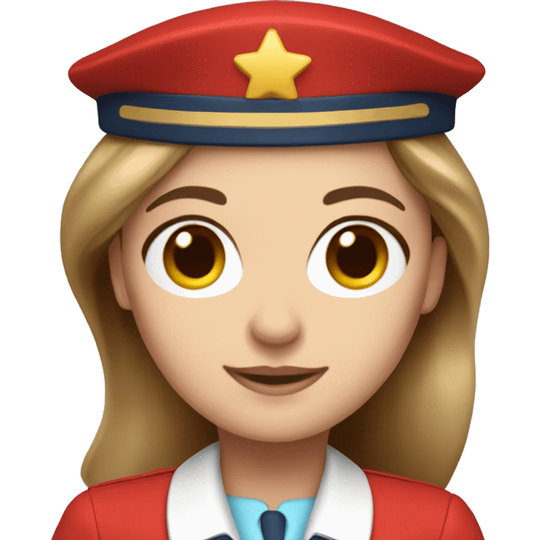 A white stewardess with long brown hair and brown eyes in a red uniform and a red beret emoji