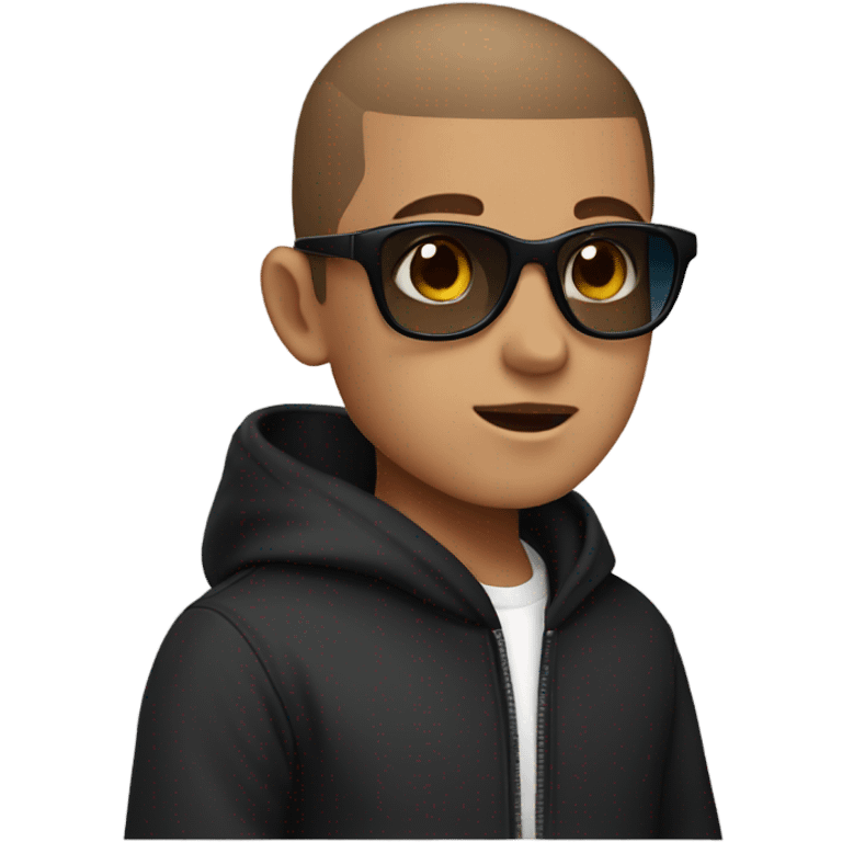 a boy with a buzz cut ,sunglasses  , blue eyes , brown hair and a black hoodie emoji