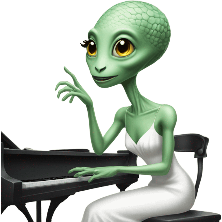 a Reptilian alien woman, play a piano, in white elegant dress emoji