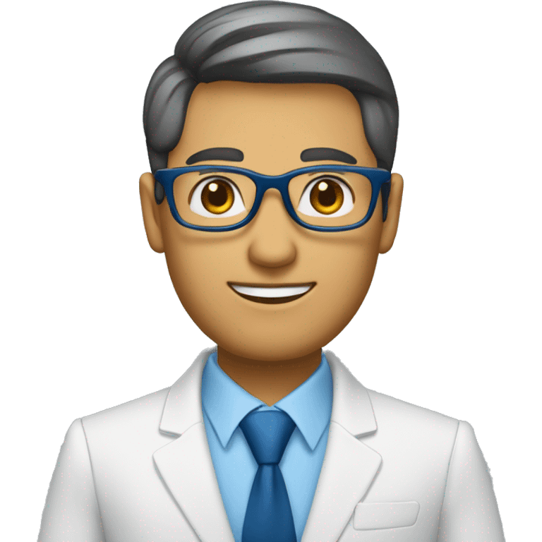 consultor empresarial con lentes y traje azul con un tono de piel claro y cabello un poco más corto y color cafe  emoji