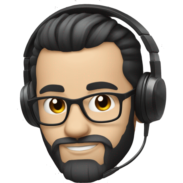 a DJ with white skin, using a headset, "horns", straight black hair that is piled up at the front forming a topknot and a gradient beard joining the hair, he is 35 years old. emoji