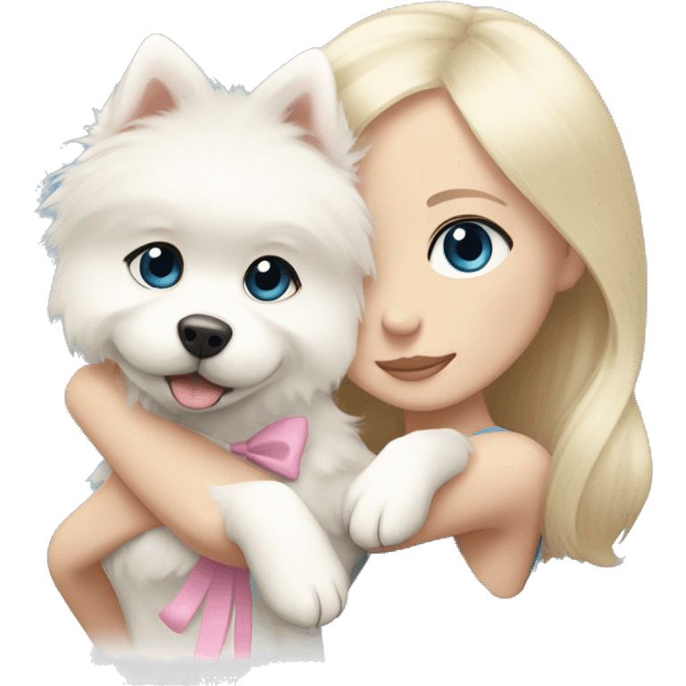 Blond girl white skin blue eyes hugging white Pomeranian with light pink bow emoji