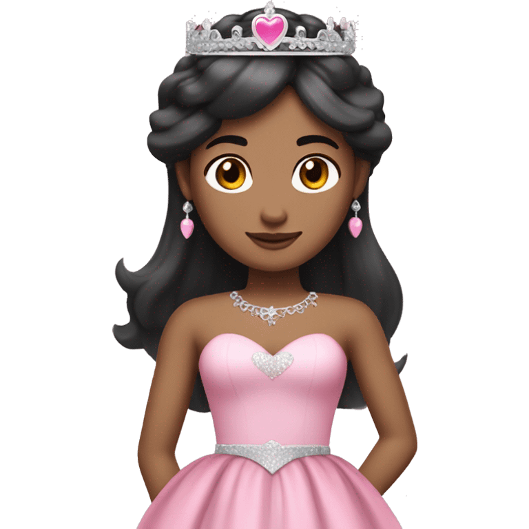 Princess with halo with white skin tone with long black hair with bang with silver pink heart tiara and pink dress emoji