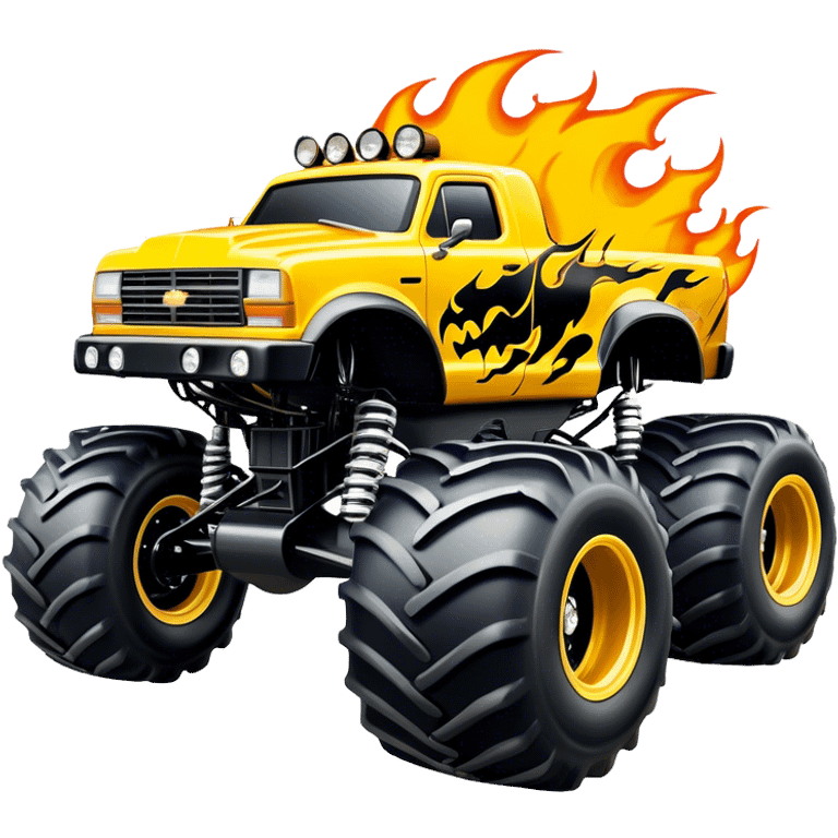 Maximum Destruction - Monster Jam (Model Year: 2021) (Iconic colour: Yellow with black flames) - A ferocious monster truck featuring a vivid yellow base accented by dramatic black flame patterns. Emphasize sharp, high-contrast flame streaks across the body, creating a look of aggressive, explosive energy. emoji