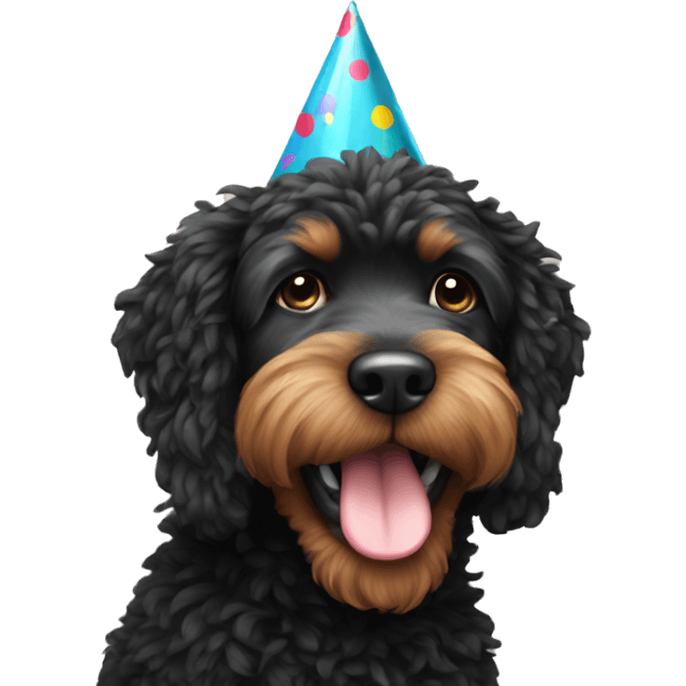 Black doodle wearing a party hat emoji