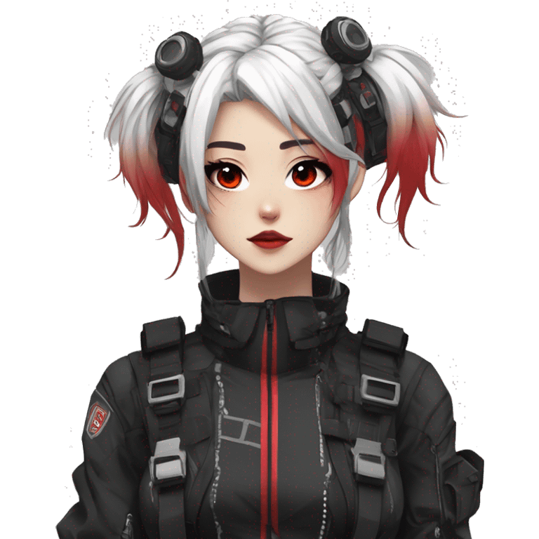 Gorgeous techwear anime style lady with blushing face aesthetic and pretty edgy black red white punk messy hair with collar and harness trending style emoji