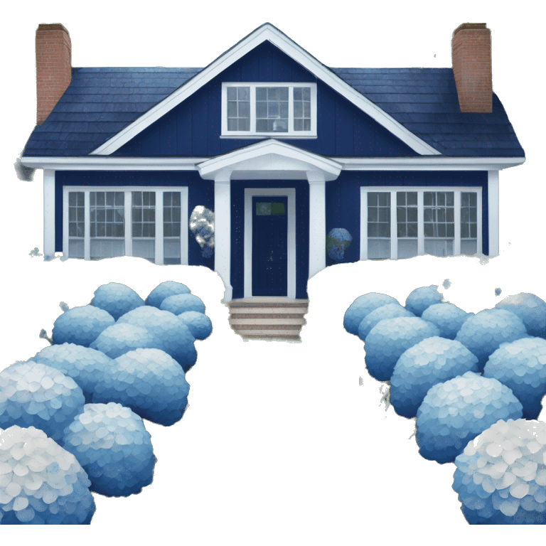 Navy blue shingle beach house with hydrangeas lining the drive way  emoji