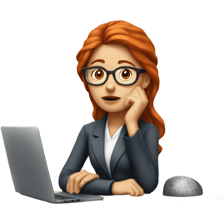 red hair woman nutritionist wearing glasses with hand on chin having an good idea monitor desk emoji