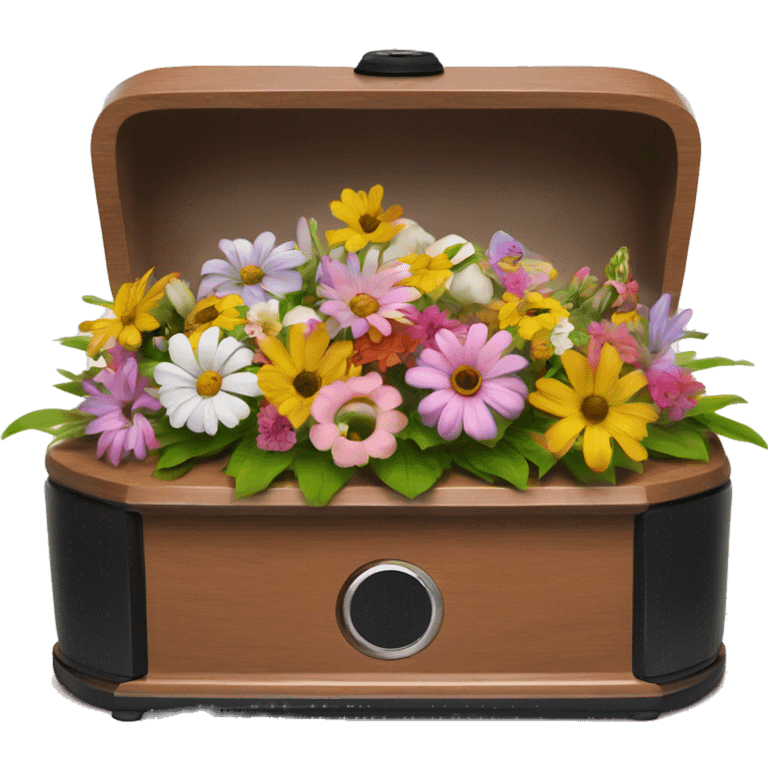 a Roomba positioned in a tiny casket with flowers emoji