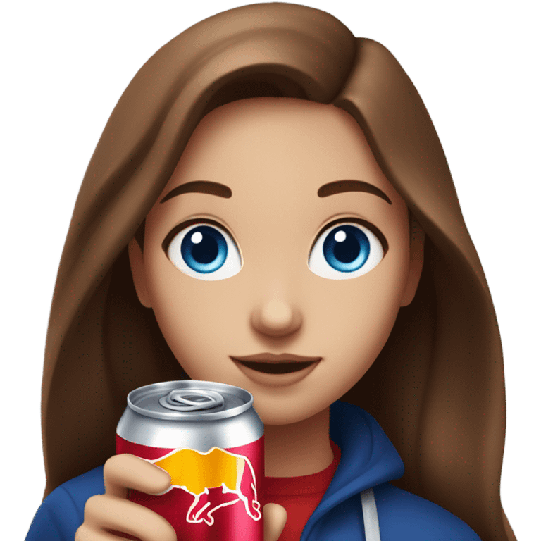 Girl with blue eyes and long brown hair holding Red Bull drink emoji