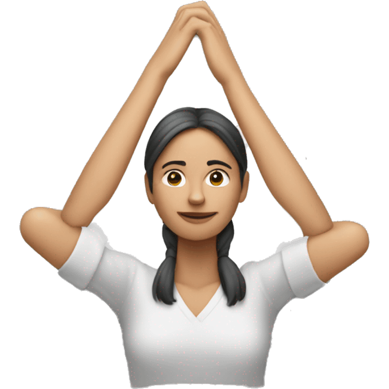 woman with both hands above her head, formed as a triangle emoji