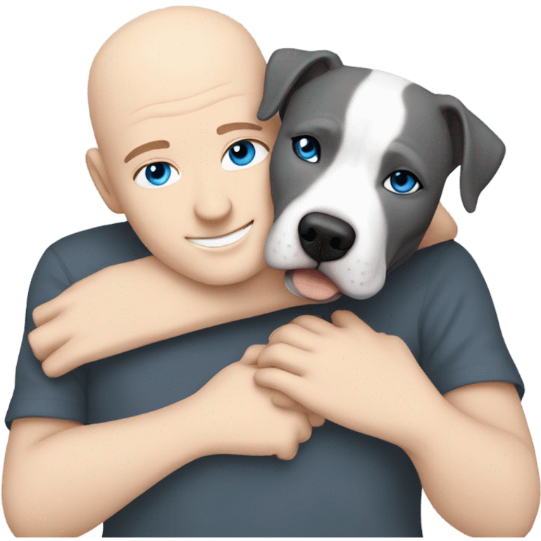 white bald man with blue eyes hugging dark grey no white staffordshire terrier  emoji