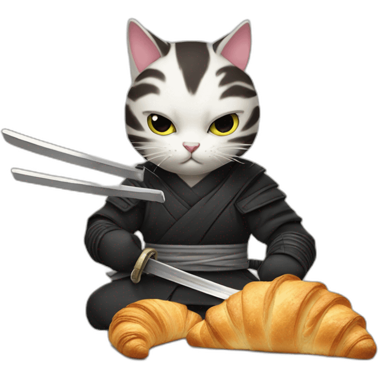 Ninja cat cuts croissant with  katana emoji