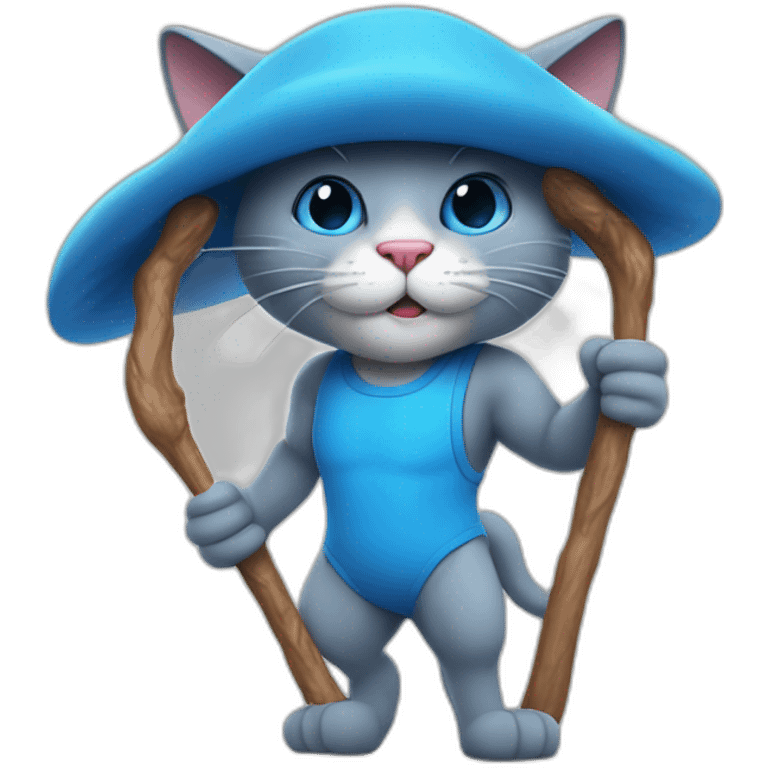 Strong muscles Blue cat NO ears  wearing a mushroom cap carrying a stick in one arm standing on two legs with pants emoji