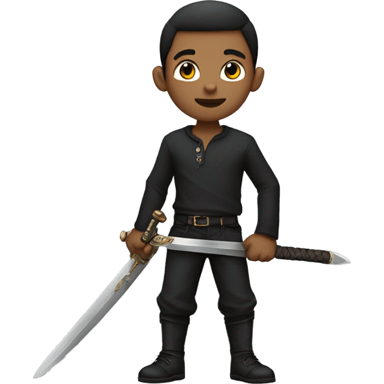 boy with dark pants and dark long sleeve shirt. holding sword up n one hand emoji