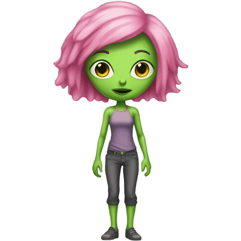 a green alien woman full body,pink hair emoji