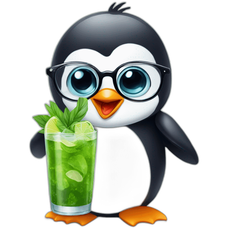 baby penguin with big glasses drinking mojito emoji