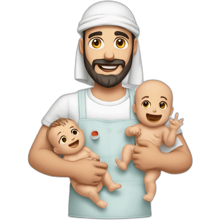 smiling-arab-bearded-man-holding-crying-baby-and-kitchen-tool emoji