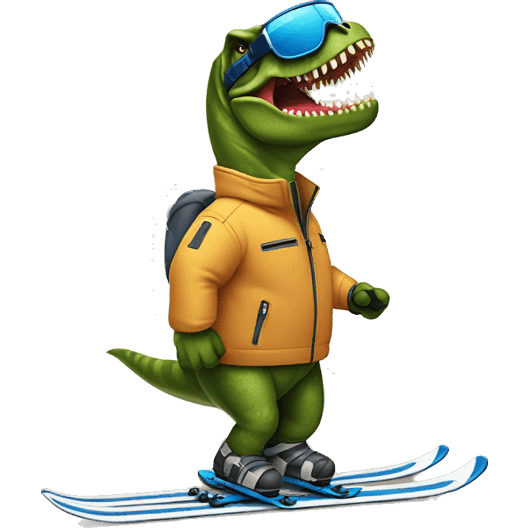 Tyrannosaurus rex downhill skiing wearing a jacket holding poles emoji