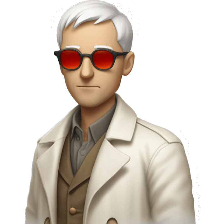 <excerpt>
A white man with real short hair, short mutton shops donning small red tinted sun glasses in a dirty white trench coat, is an alchemist.
</excerpt> emoji