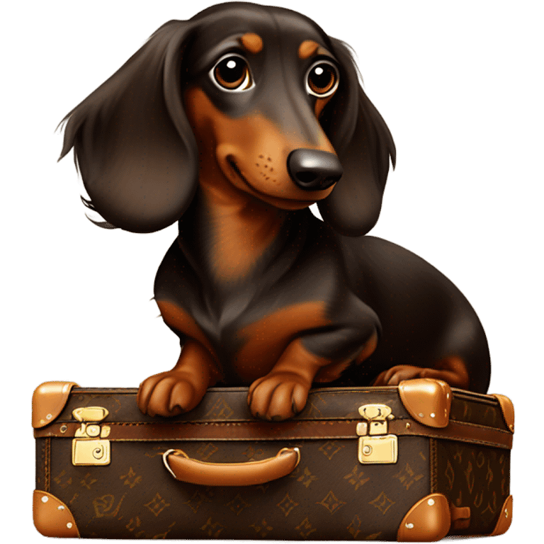 Long haired Brown dachs full body with Louis Vuitton suitcase emoji