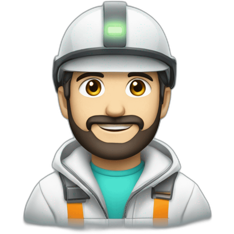 A young Turkish electrical engineer with a light black beard, a white helmet and a phosphorescent protection jacket emoji