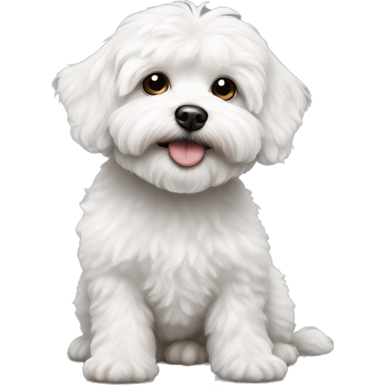 White malti-poo dog with gray right eye sending a kiss emoji