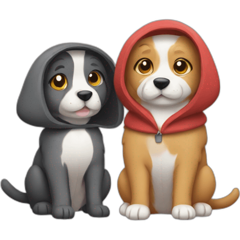 Dog and cat wearing a hoodies and hugging each other emoji