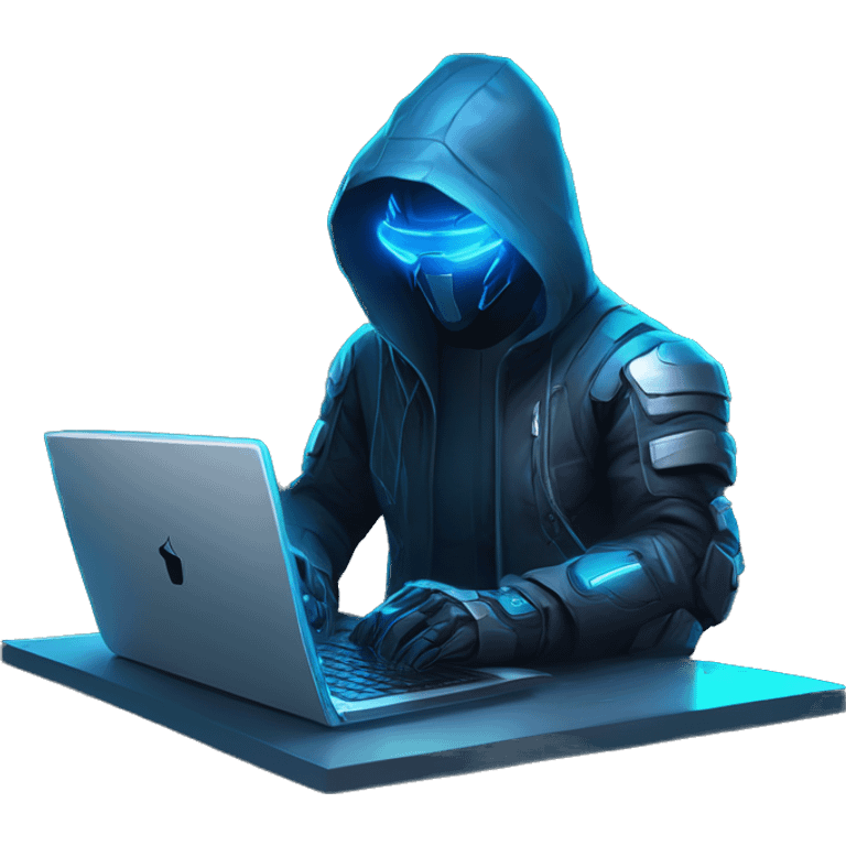 developer behind his laptop with this style : crysis Cyberpunk Riot Games Valorant neon glowing bright blue character blue black hooded assassin themed character emoji