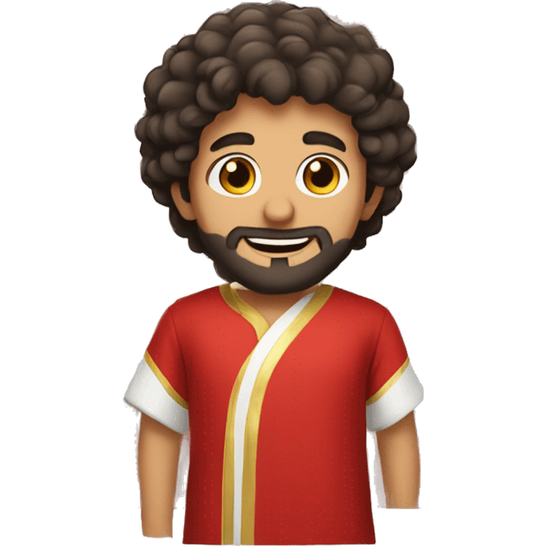 arabic guy with dark brown curly hair and little beard dressed in a red costume emoji