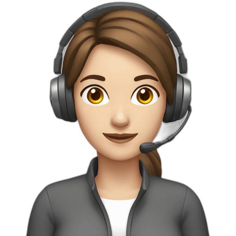 women wearing headset, aeg 55, no glasses, brown hair, gray eyes emoji