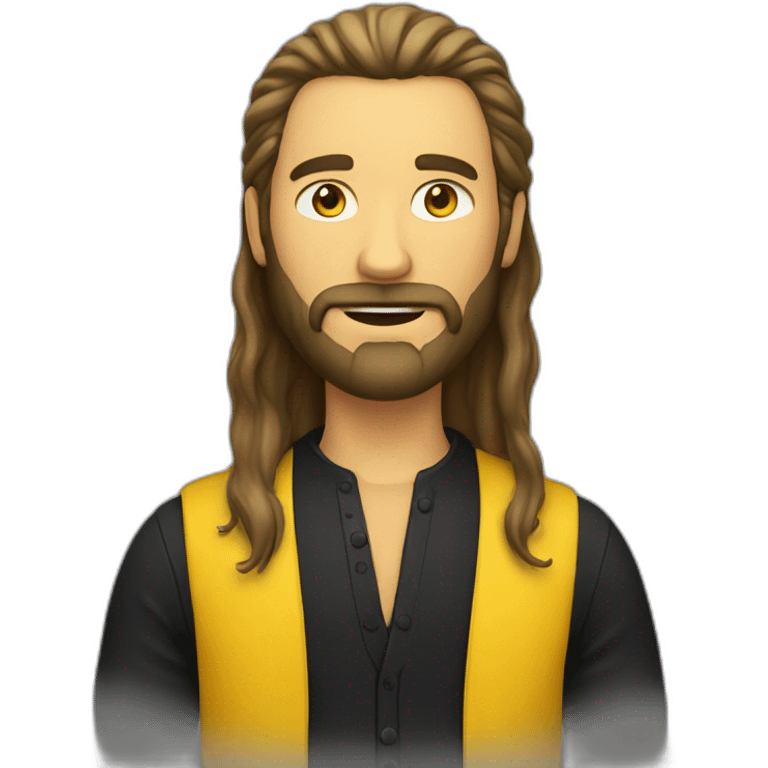 A man with long hair, a beard and a black shirt behind a yellow suit emoji