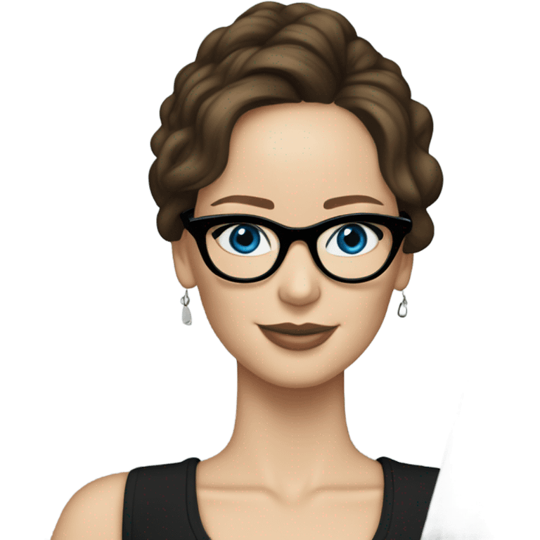 Realistic Photo of Brunette Jennifer Lawrence wearing black glasses and blue eyes talking on their laptop  emoji