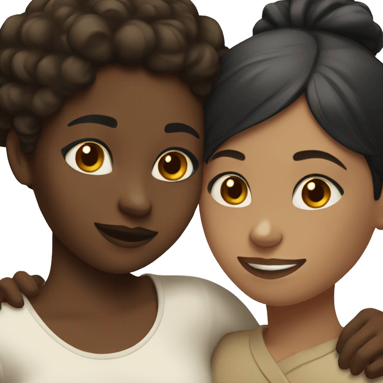 Black girl with dark brown hair hugging a white girl with short black hair  emoji