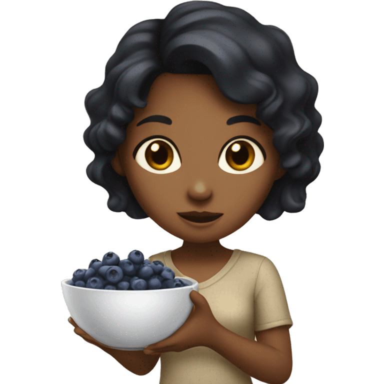 brown girl with black hair eating blueberries in bowl emoji